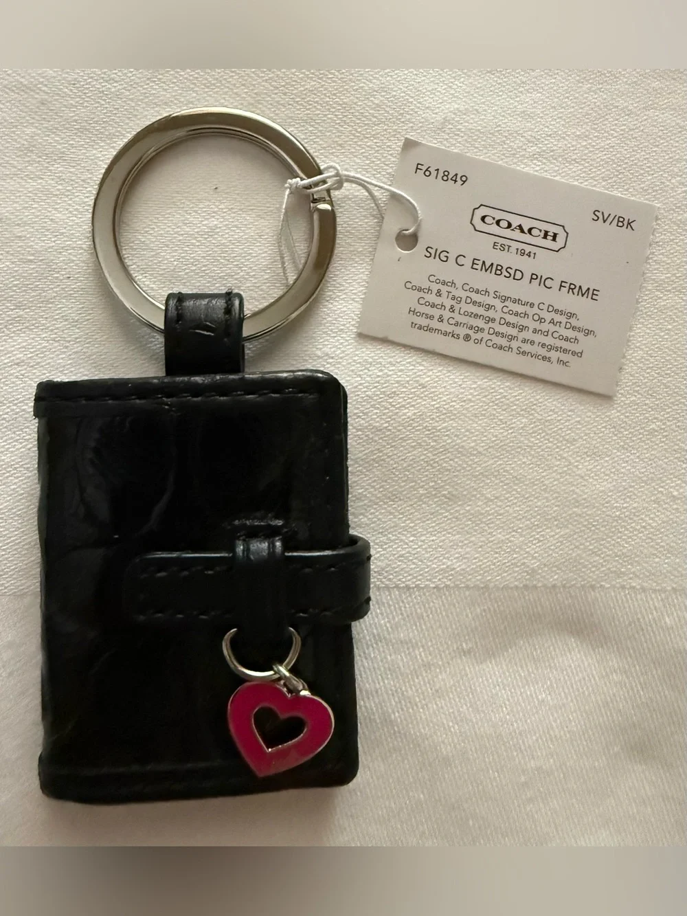 Vintage Coach Black Patent Mini Picture Frame Keyholder with Pink Heart Charm